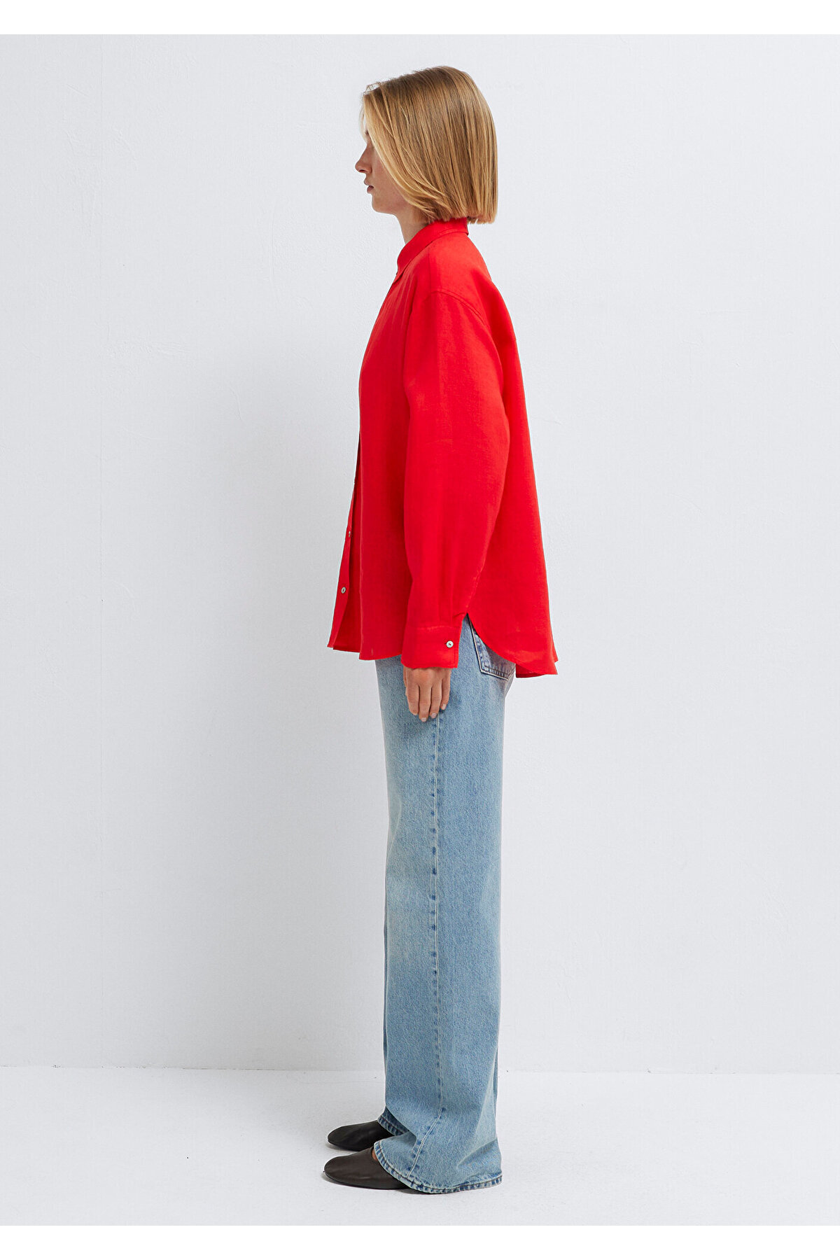 Mavi  Kırmızı Keten Gömlek Loose Fit / Bol Rahat Kesim 1210747-70474 - Görsel 6