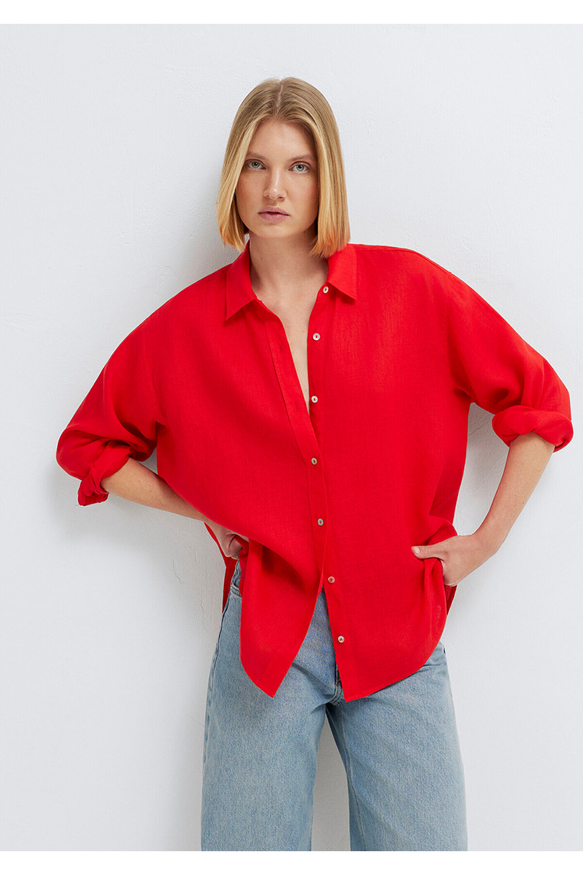 Mavi  Kırmızı Keten Gömlek Loose Fit / Bol Rahat Kesim 1210747-70474 - Görsel 3
