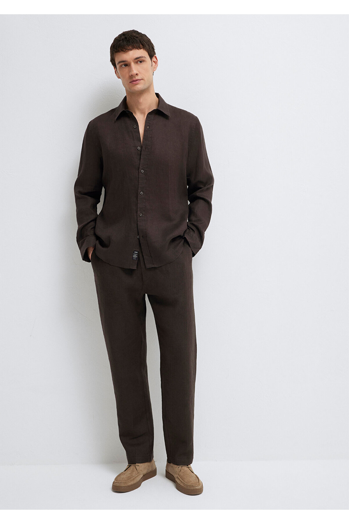 Mavi  Kahverengi Keten Karışımlı Gömlek Slim Fit / Dar Kesim 0211466-70219 - Görsel 2