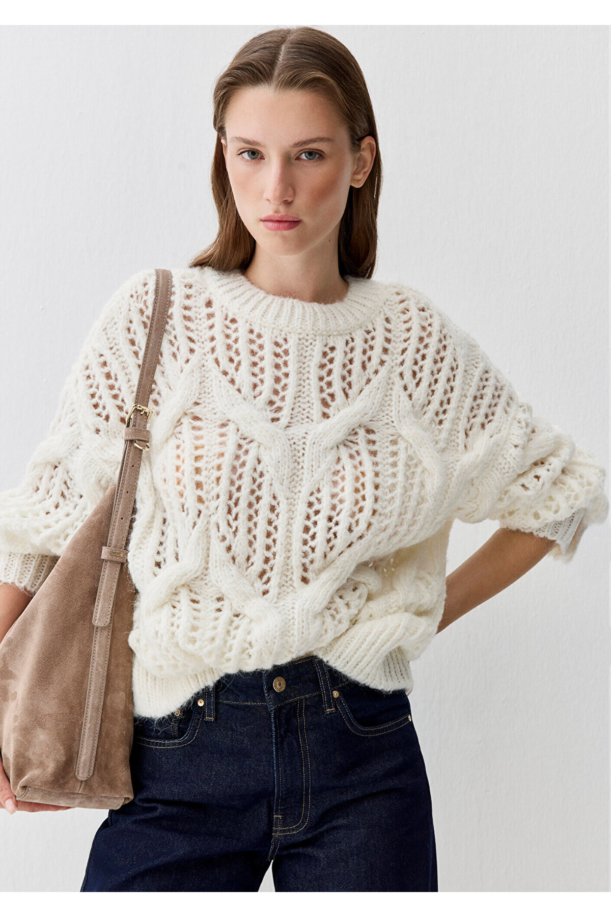 Mavi  Yün Karışımlı Ekru Kazak Oversize / Geniş Kesim 1710828-70057