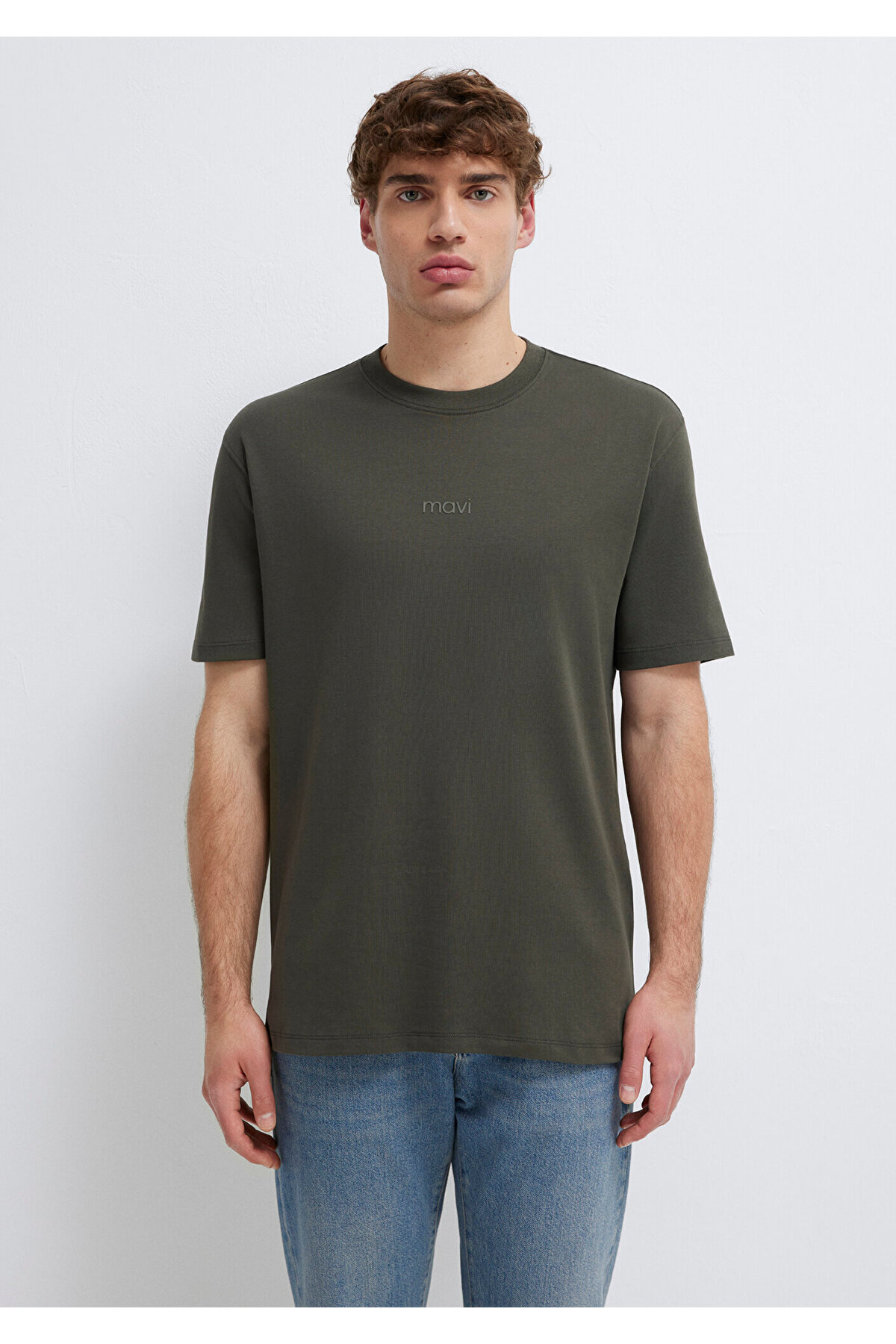 Mavi  Logo Haki Basic İnterlok Tişört Loose Fit / Bol Rahat Kesim 0613102-71553 - Görsel 4