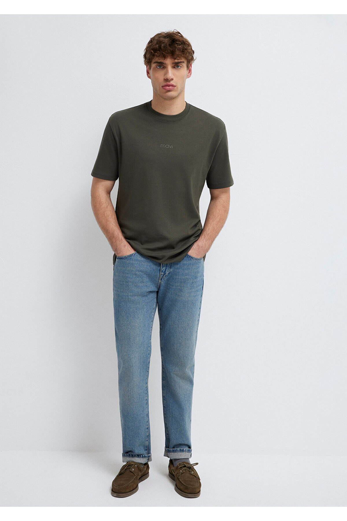 Mavi  Logo Haki Basic İnterlok Tişört Loose Fit / Bol Rahat Kesim 0613102-71553 - Görsel 2