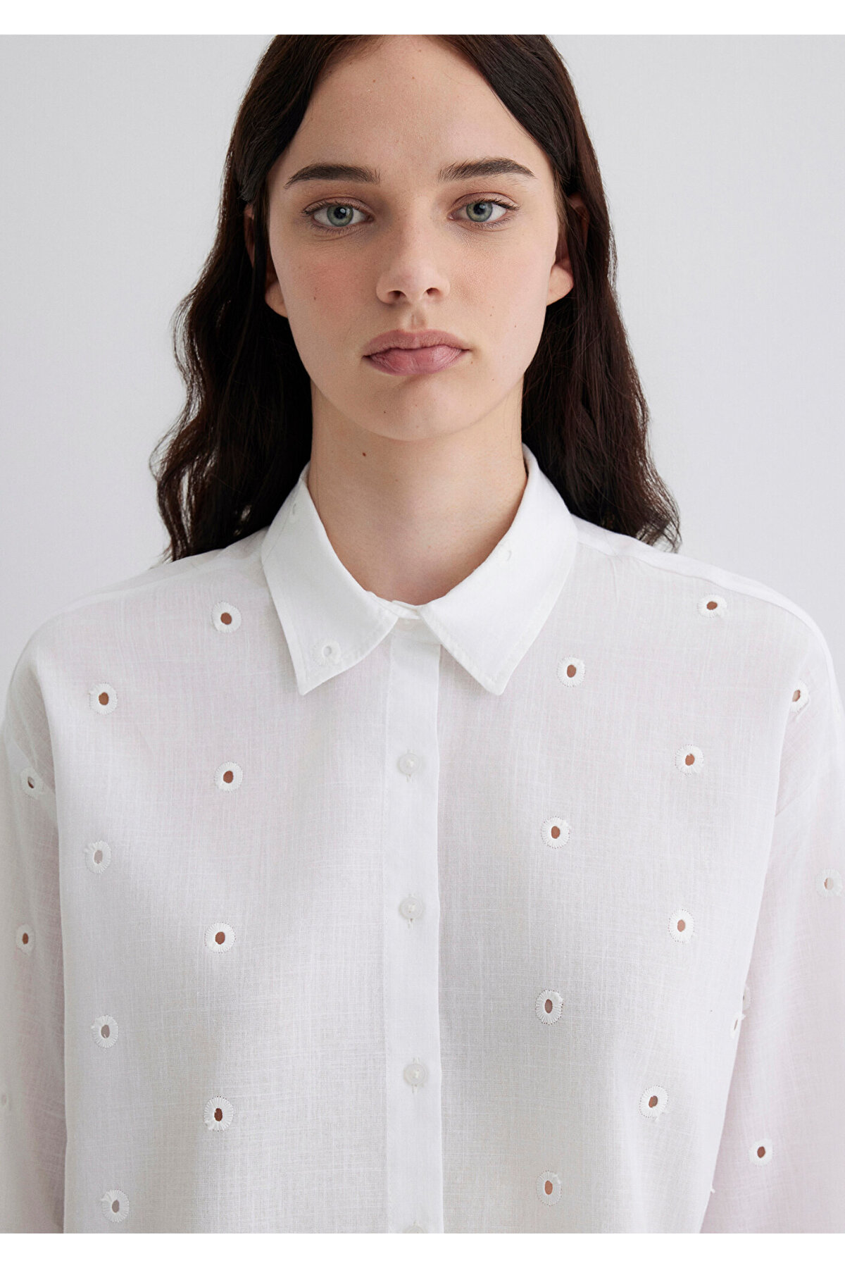 Mavi  Dokulu Ekru Gömlek Oversize / Geniş Kesim 1210839-70057 - Görsel 5