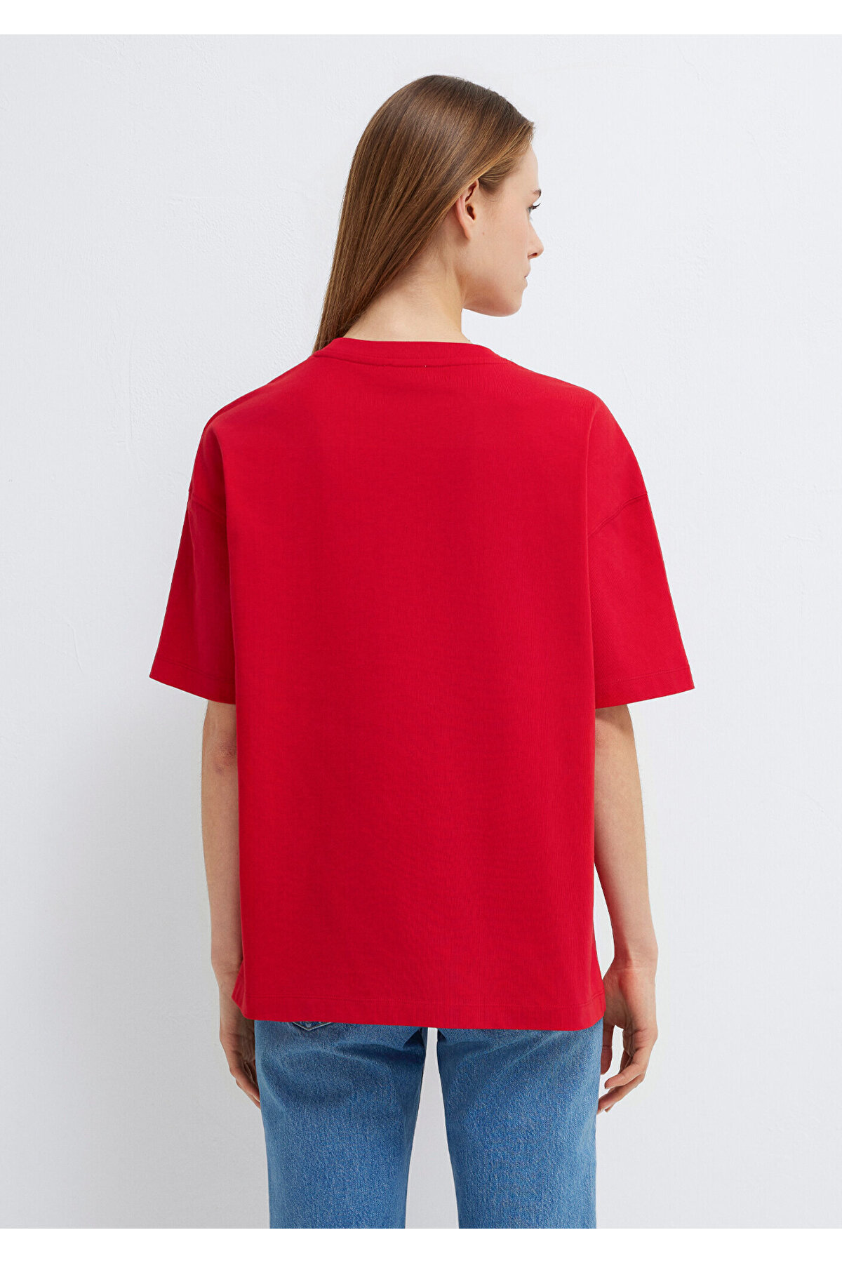 Mavi  Logo Baskılı Kırmızı Tişört Oversize / Geniş Kesim 1611592-82054 - Görsel 5