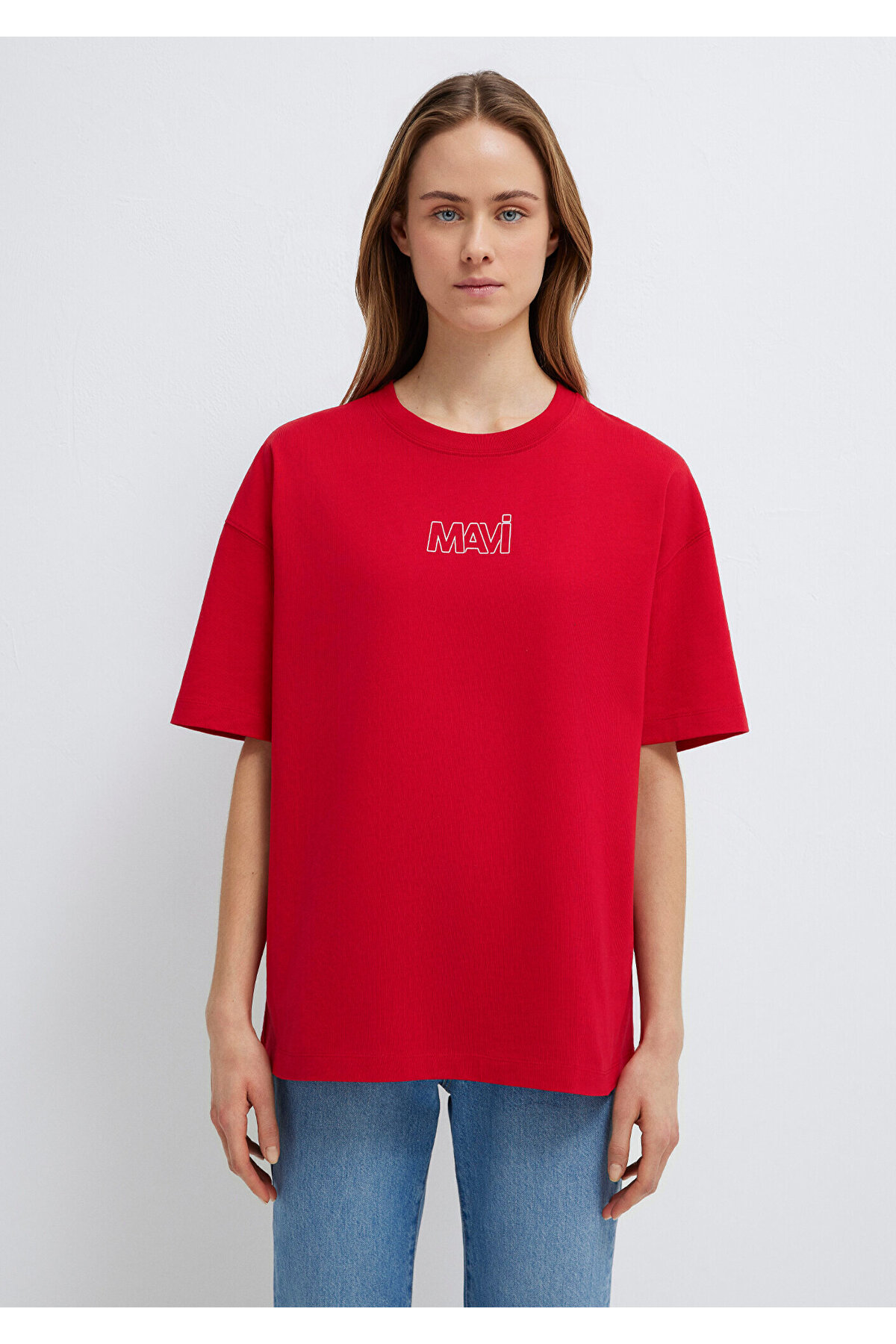 Mavi  Logo Baskılı Kırmızı Tişört Oversize / Geniş Kesim 1611592-82054 - Görsel 3
