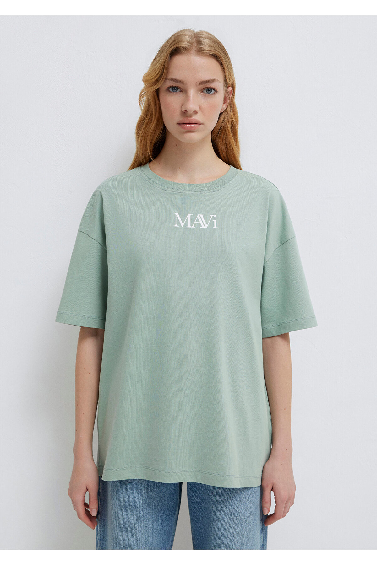 Mavi  Logo Baskılı Yeşil Tişört Oversize / Geniş Kesim 1611593-71787 - Görsel 4