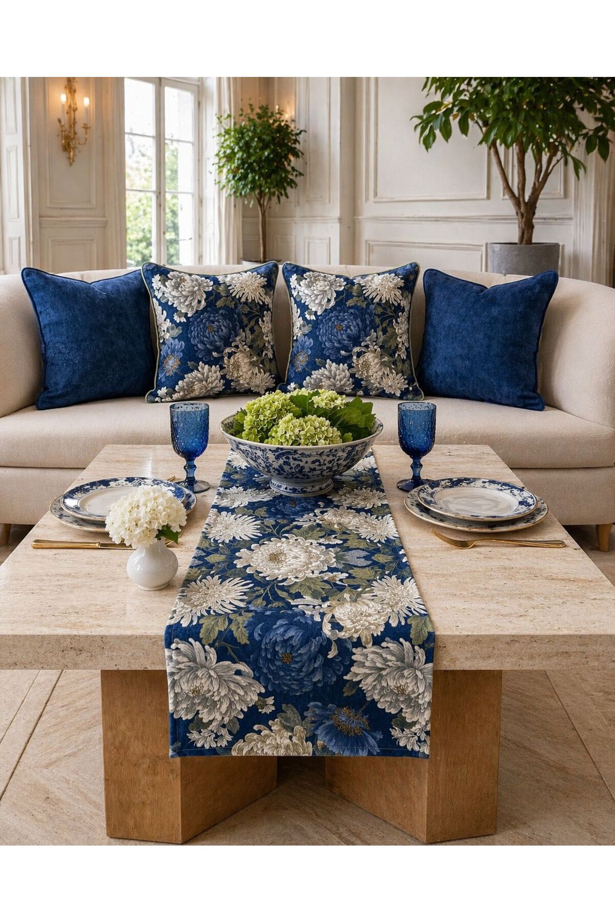 Floral Pattern , 5-Piece Combination Cushion Cover + Runner Set ( with Bipod )