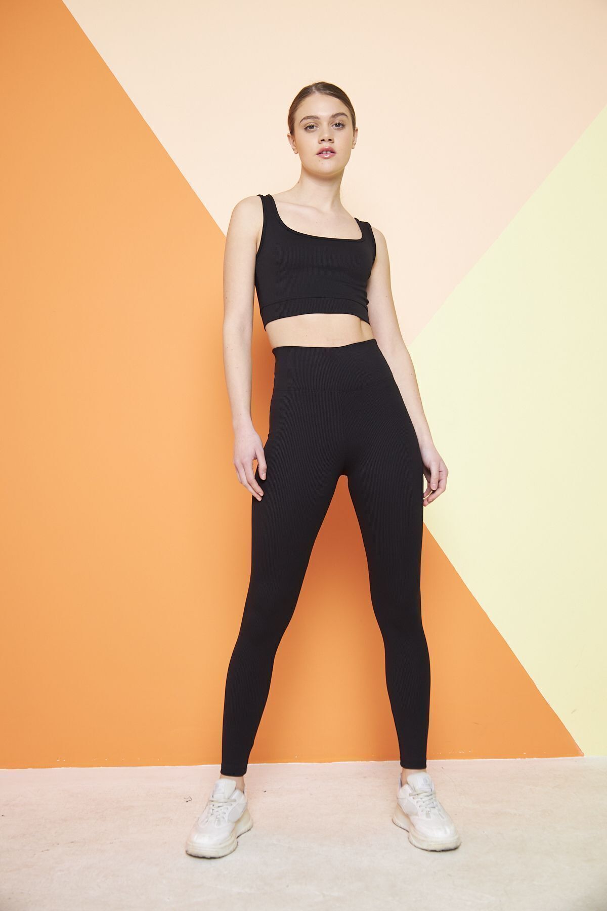 THIFF GYMWEAR Siyah Yüksek Bel Fitilli Toparlayıcı Interlok Örme Spor Dar Paça Kadın Tayt