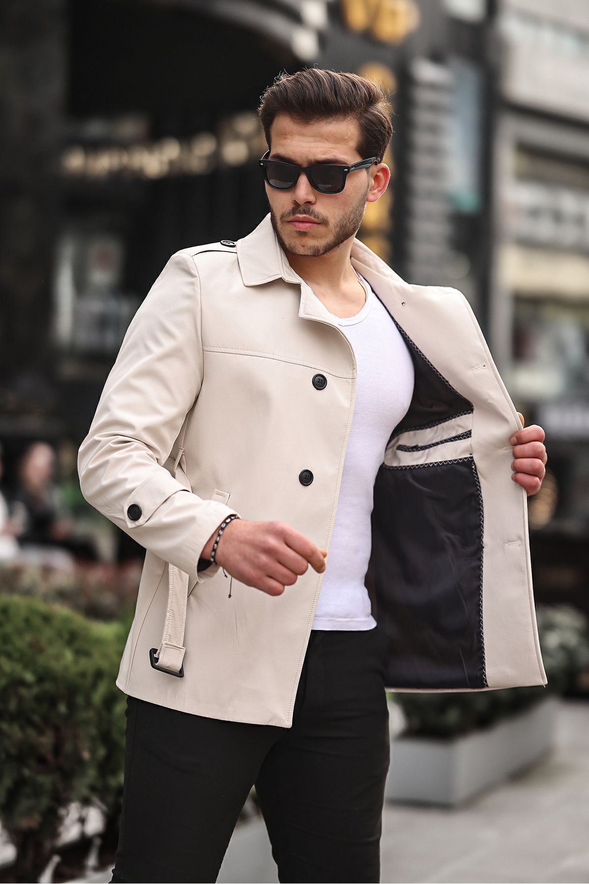 Mero Life  Erkek Krem Mevsimlik Astarlı Kemerli Kruvaze Trençkot - Görsel 3
