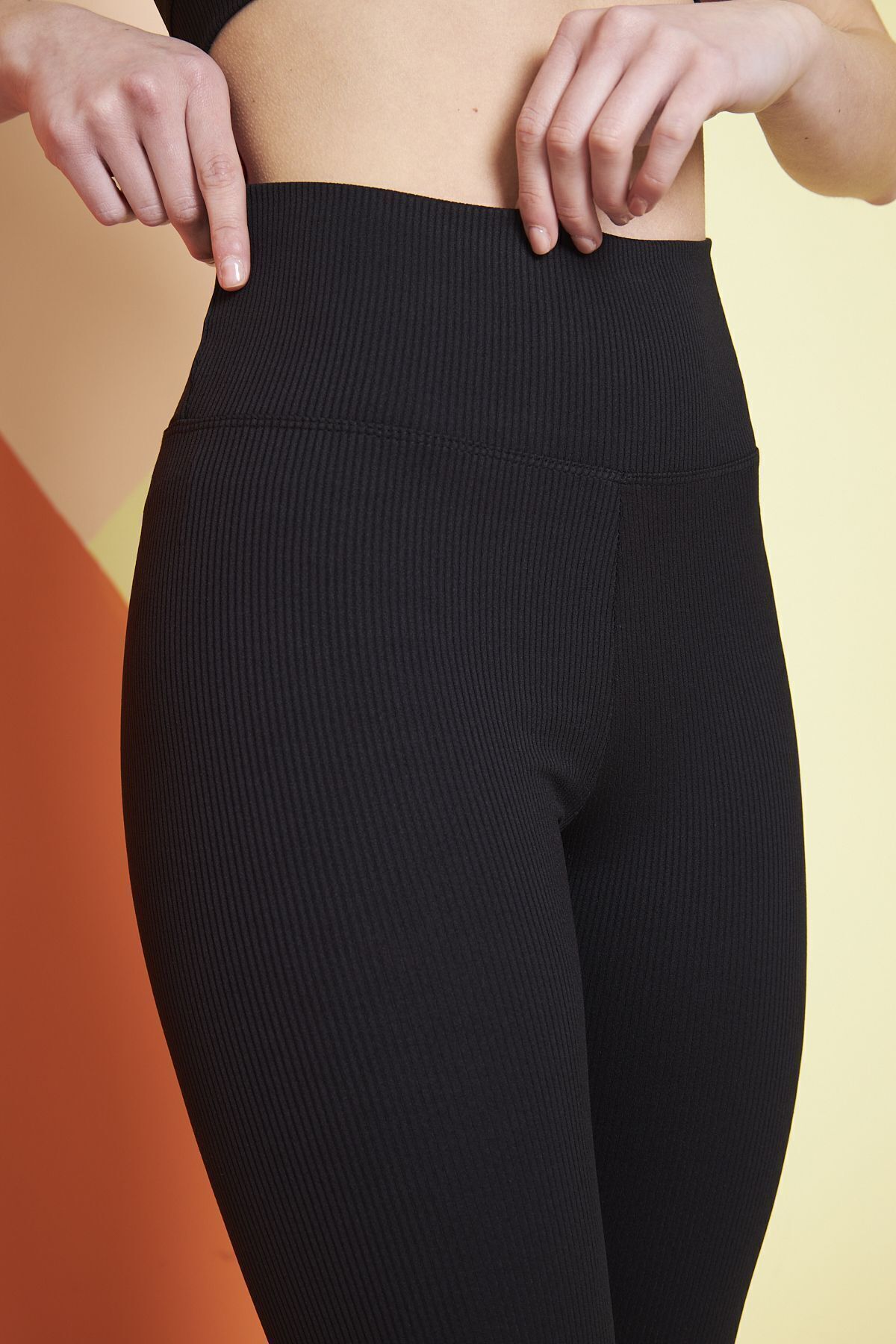 THIFF GYMWEAR Siyah Yüksek Bel Fitilli Toparlayıcı Interlok Örme Spor Dar Paça Kadın Tayt görsel 7