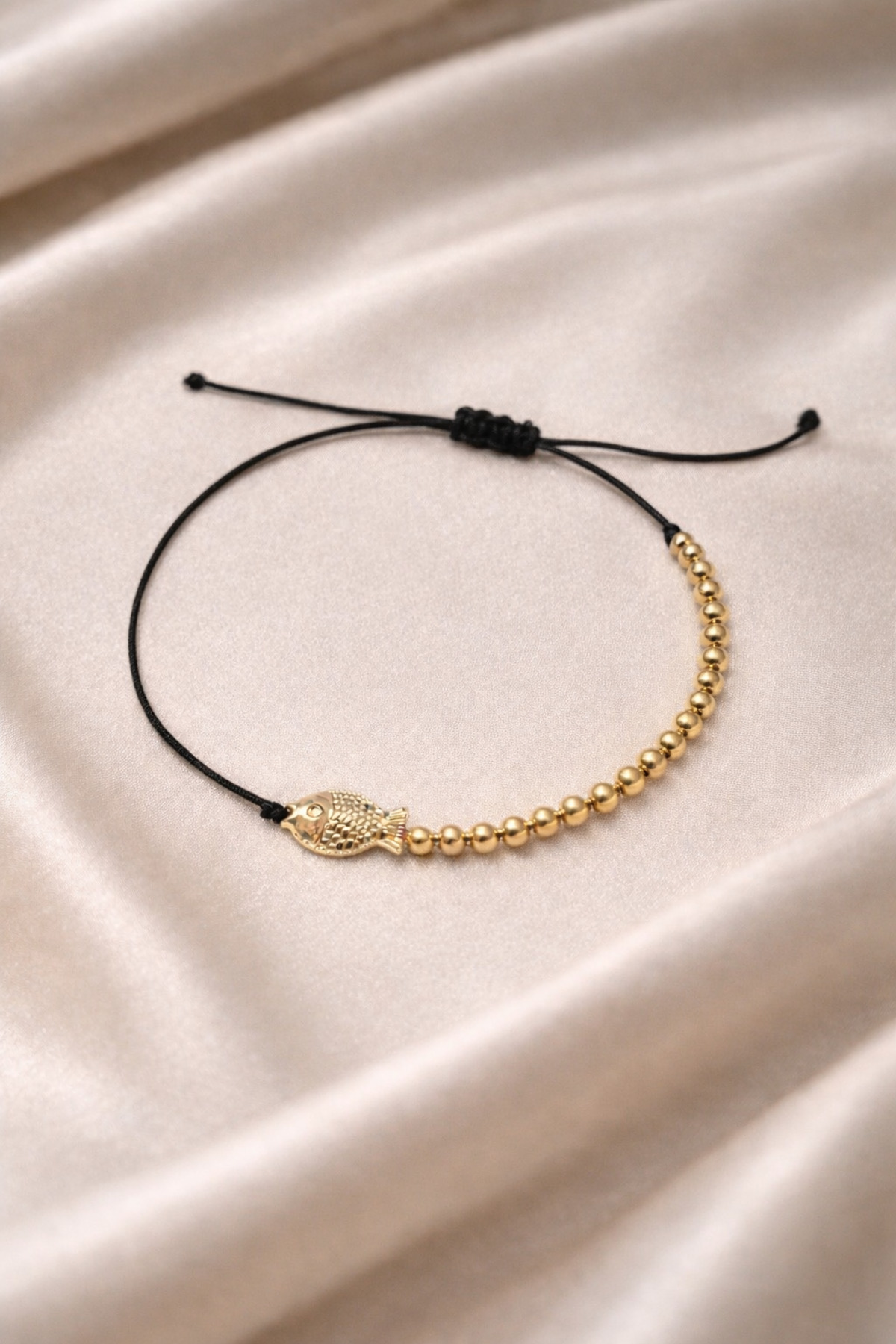 Half Red Rope Half Gold Ball Beaded Fish Luck Bracelet – Adjustable - No Darkening