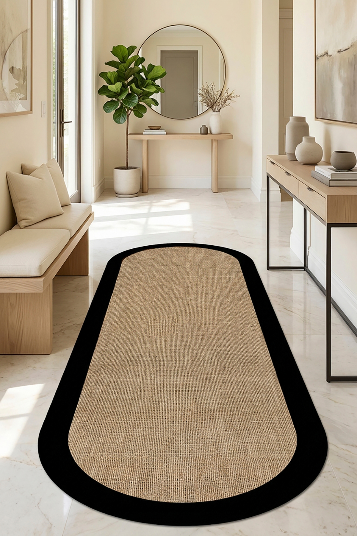 Digital Anti-Slip Washable Black Jute Look Oval Living Room Rug Kitchen Rug Aisle Carpet Runner