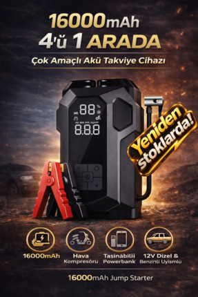 Kılıforyum 16000mAh Akıllı Akü Takviye Cihazı | Kompresörlü 4’ü 1 Arada Jump ...