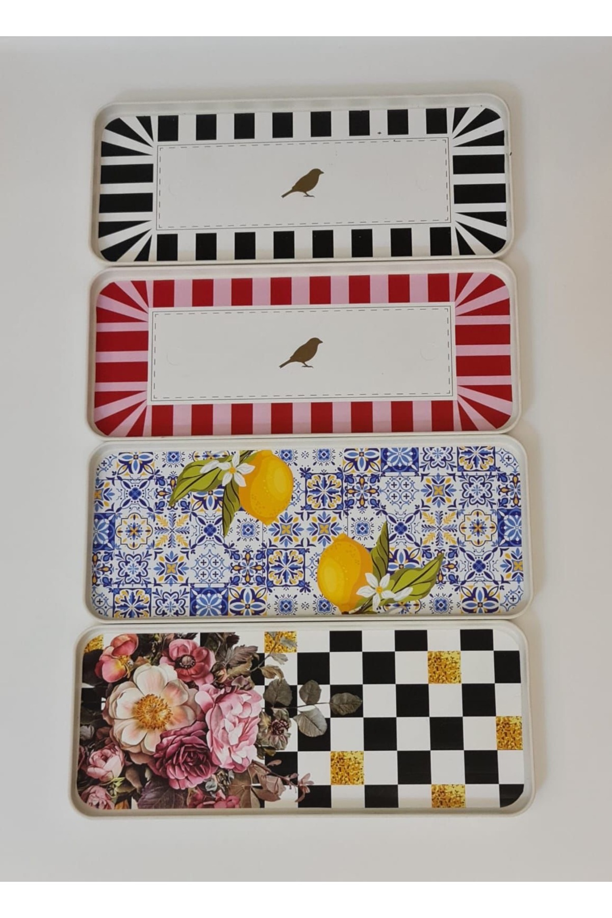 4-Piece Pattern Oval Coffee Serving Tray Set – Stylish Design with Black, Red, Lemon and Flower Pattern
