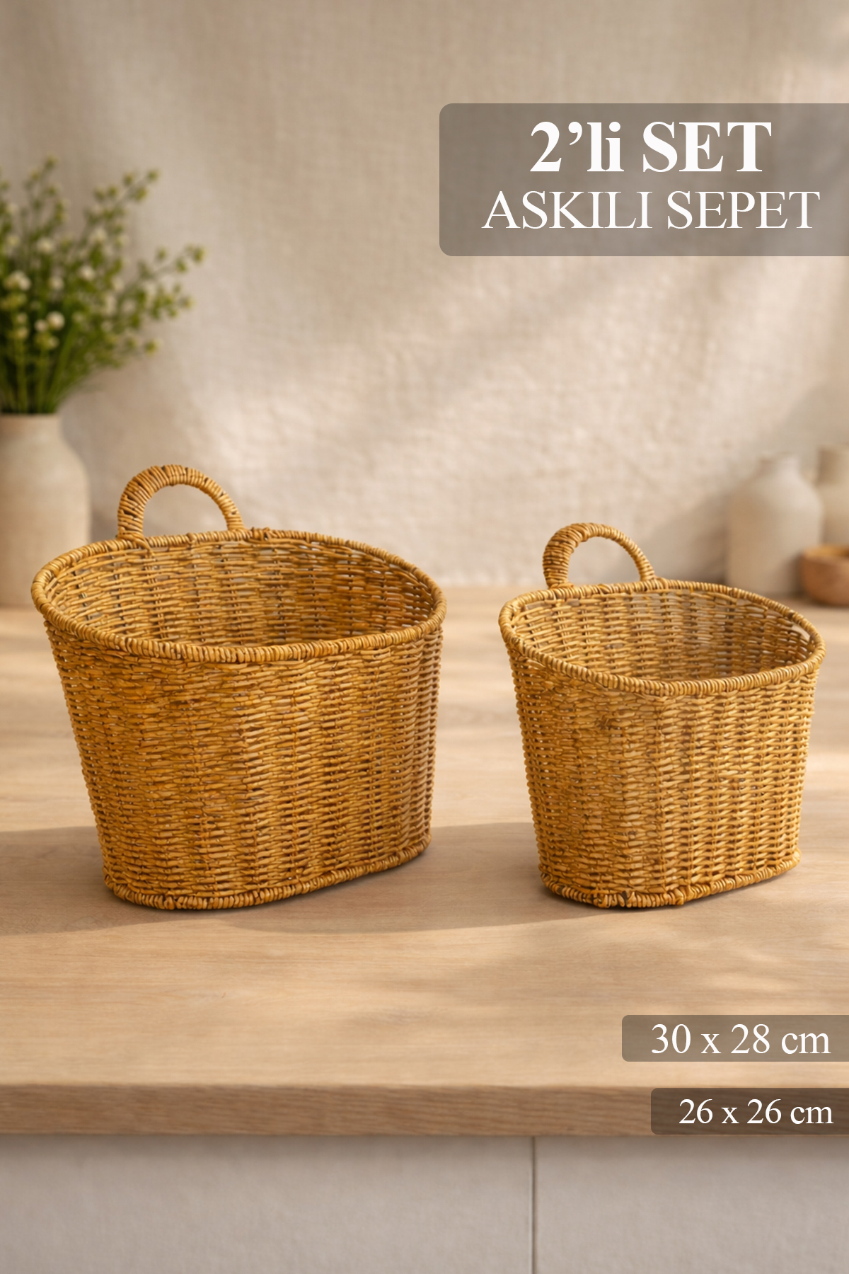 2-Piece Hanging Rattan Knitted Basket Set - Multipurpose Bathroom Kitchen Organizer Hanging Wicker Organizer