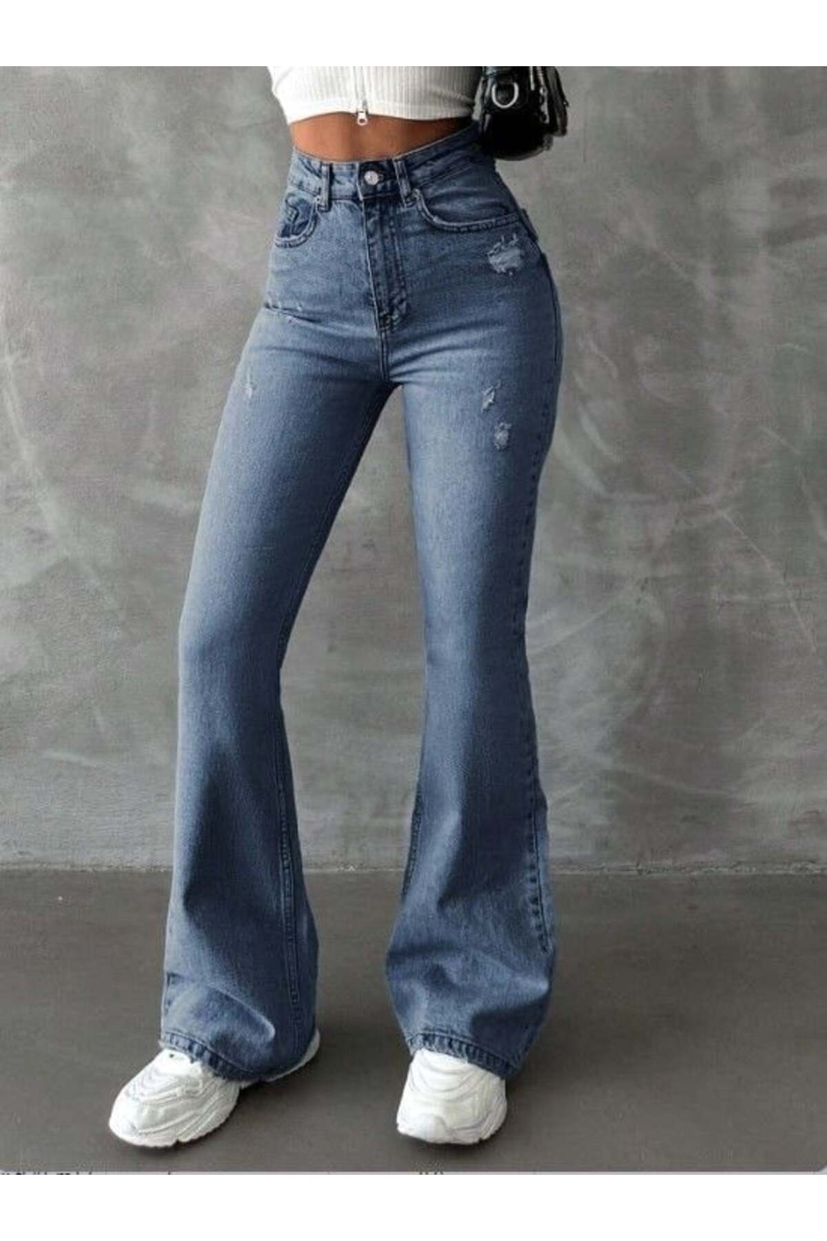 HerTon  Yüksek Bel İspanyol Paça Jean Pantolon - Eskitme Detaylı Full Pamuklu Flare Denim - Görsel 2