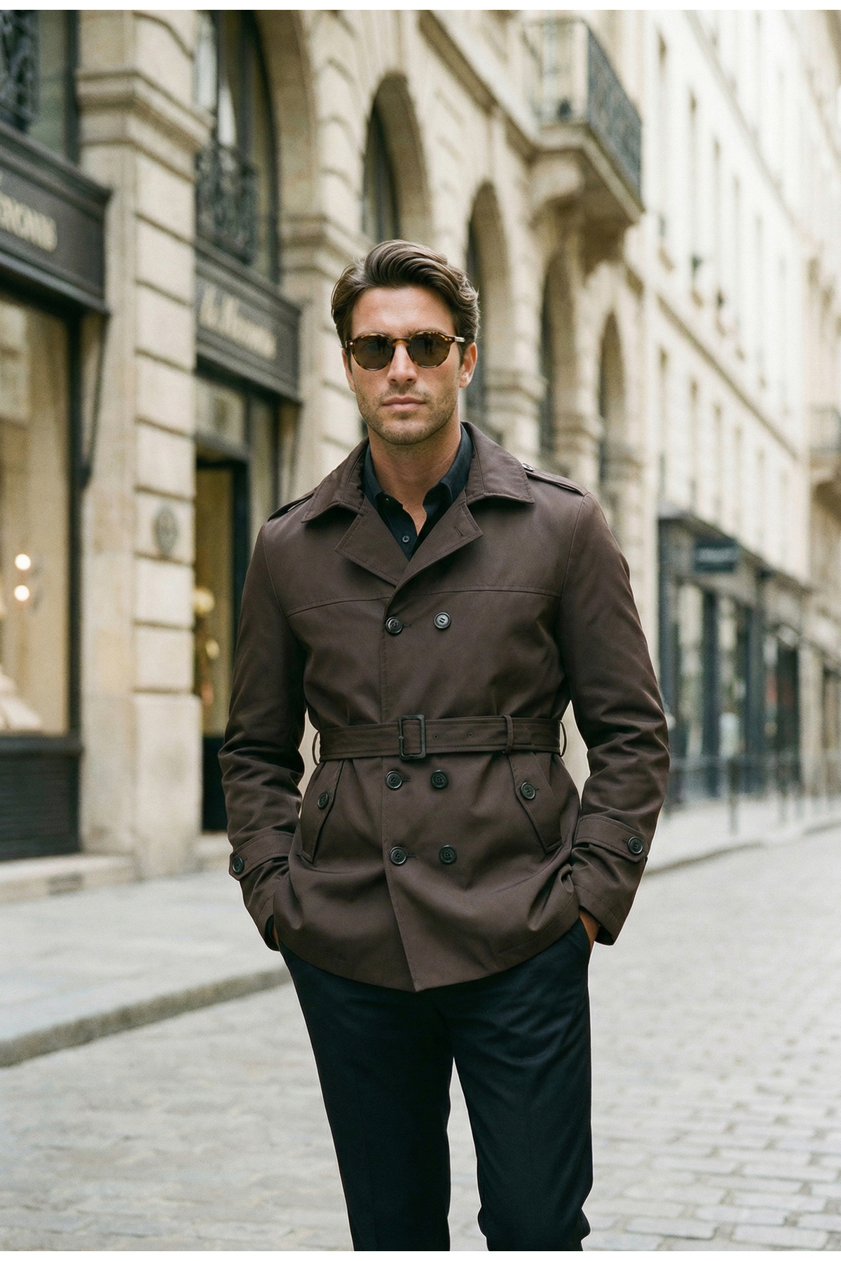 Mero Life  Erkek Mevsimlik Astarlı Kemerli Kruvaze Trençkot - Kahverengi - Görsel 5