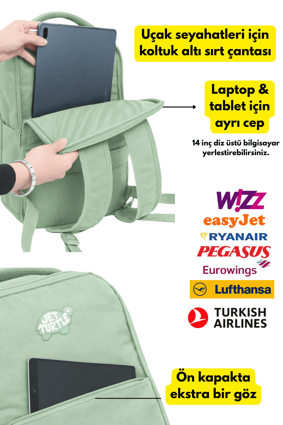 Jet Turtle  Seyahat Sırt Çantası 40cm 40x30x20 cm Pegasus, Wizz Air, Ryanair, El Valizi Koltuk Altı Valizi - Görsel 7