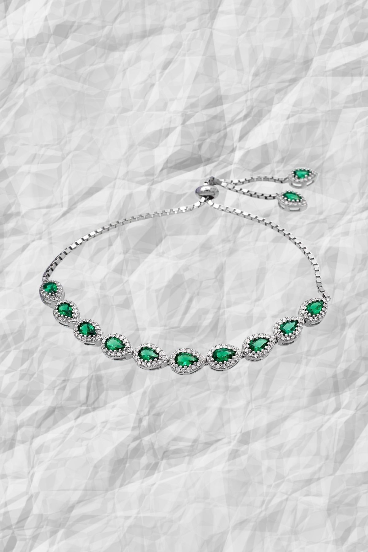 byess  925 Ayar Gümüş Yeşil Taşlı Damla Asansör Bileklik - Görsel 3