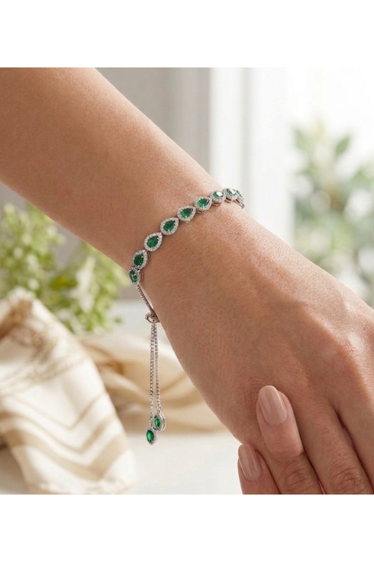 byess  925 Ayar Gümüş Yeşil Taşlı Damla Asansör Bileklik - Görsel 2