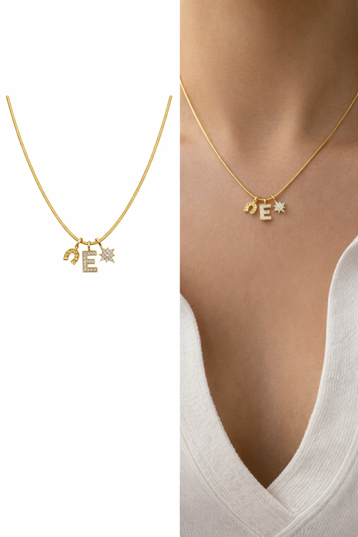 Nal Figürlü Yıldız ve Harf Charm Çelik Zincirli Gold Kadın Kolye (40 cm) – Sevgililer Günü Özel