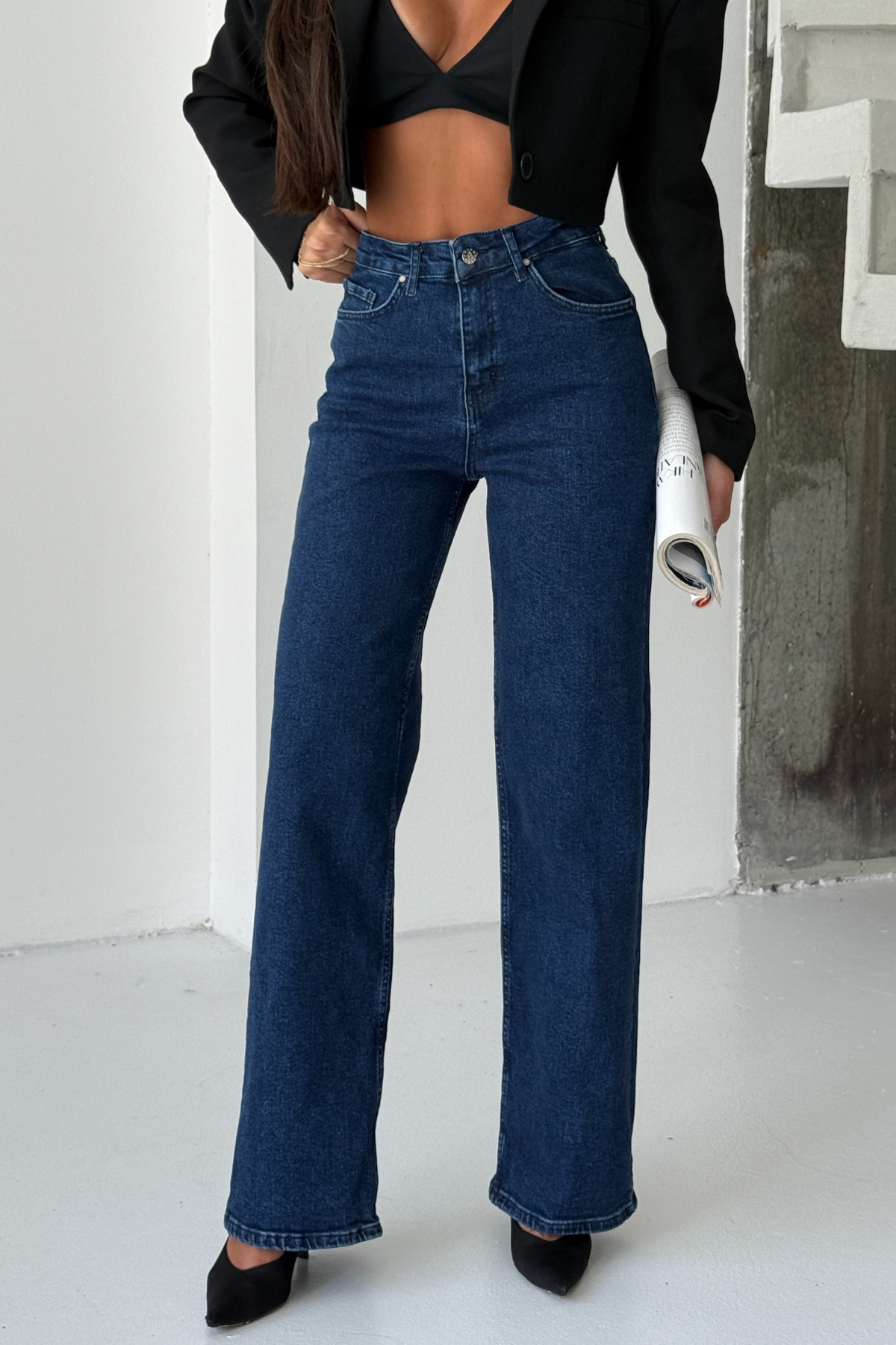 Navy Blue High Waist Wide Leg/Wide Leg Flexible/Lycra Palazzo Jeans