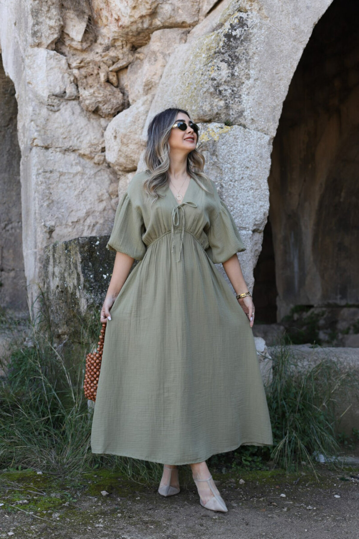 bytugcekaya  Haki Balon Kol Müslin Elbise - Görsel 2