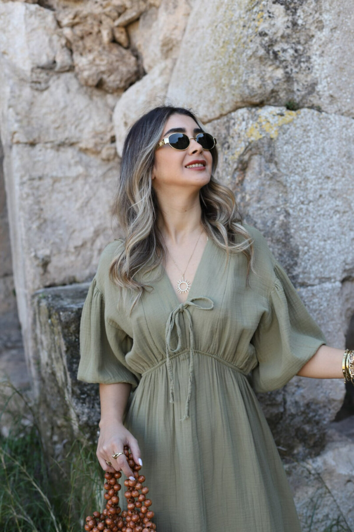 bytugcekaya  Haki Balon Kol Müslin Elbise - Görsel 4