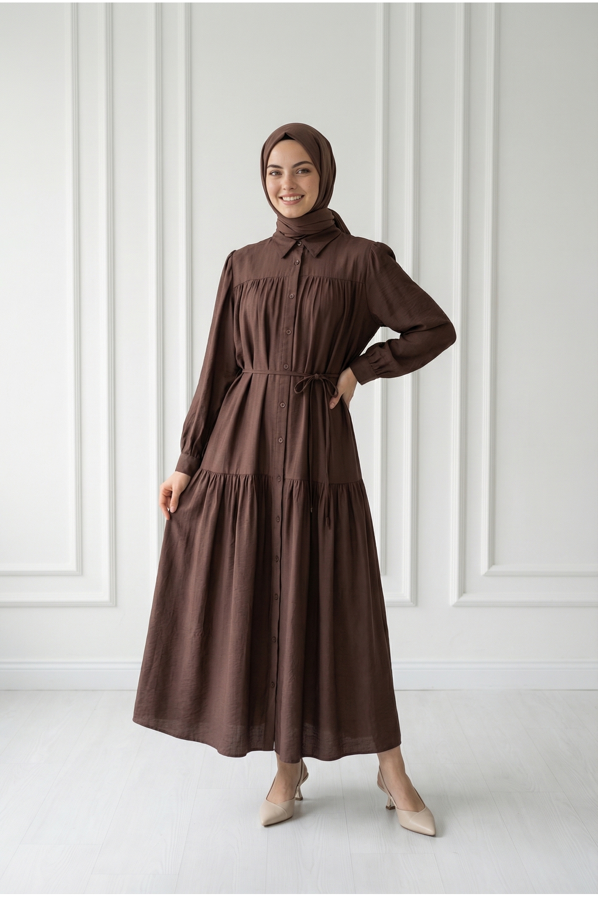 Zafire Buttoned Yoke Strawberry Dress-BN4603 Brown