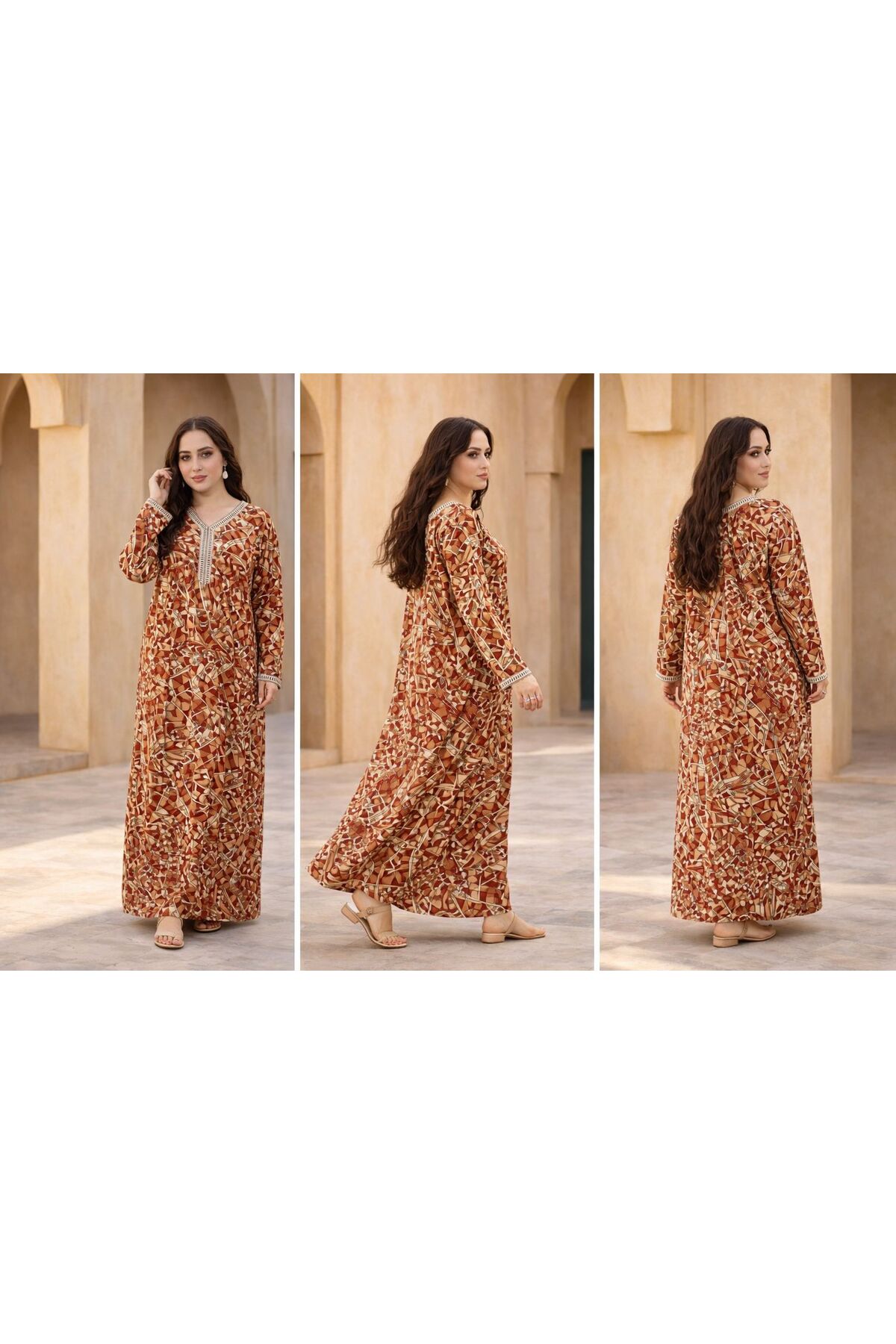 LINELLE Ladies Rayon Jalabiya Dress- Printed Maxi Dresses with Full Sleeves and Patch Work on Neck.