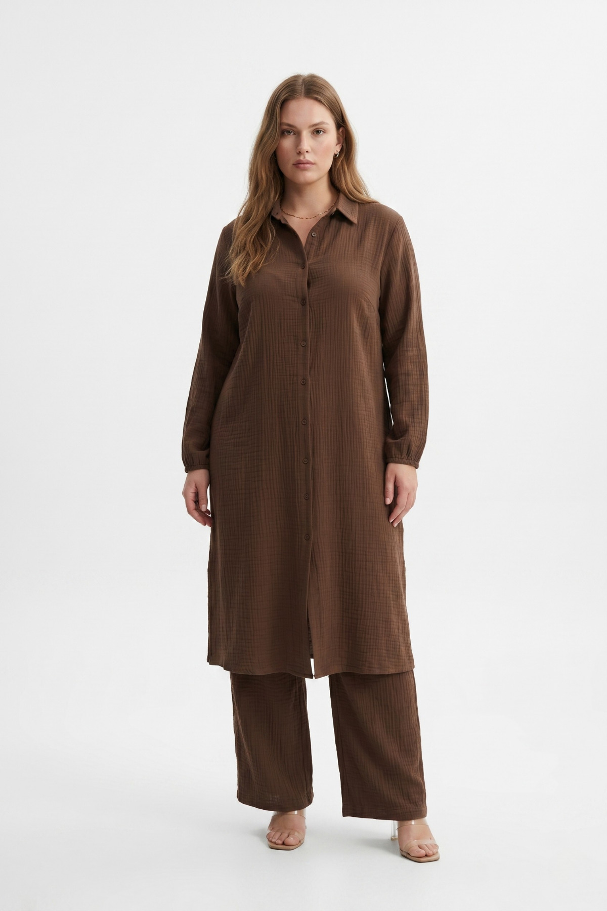 şuranur Bürümcük Gömlek Yaka Tunik Takım Düğmeli Tesettüre Uygun 2XL 6XL