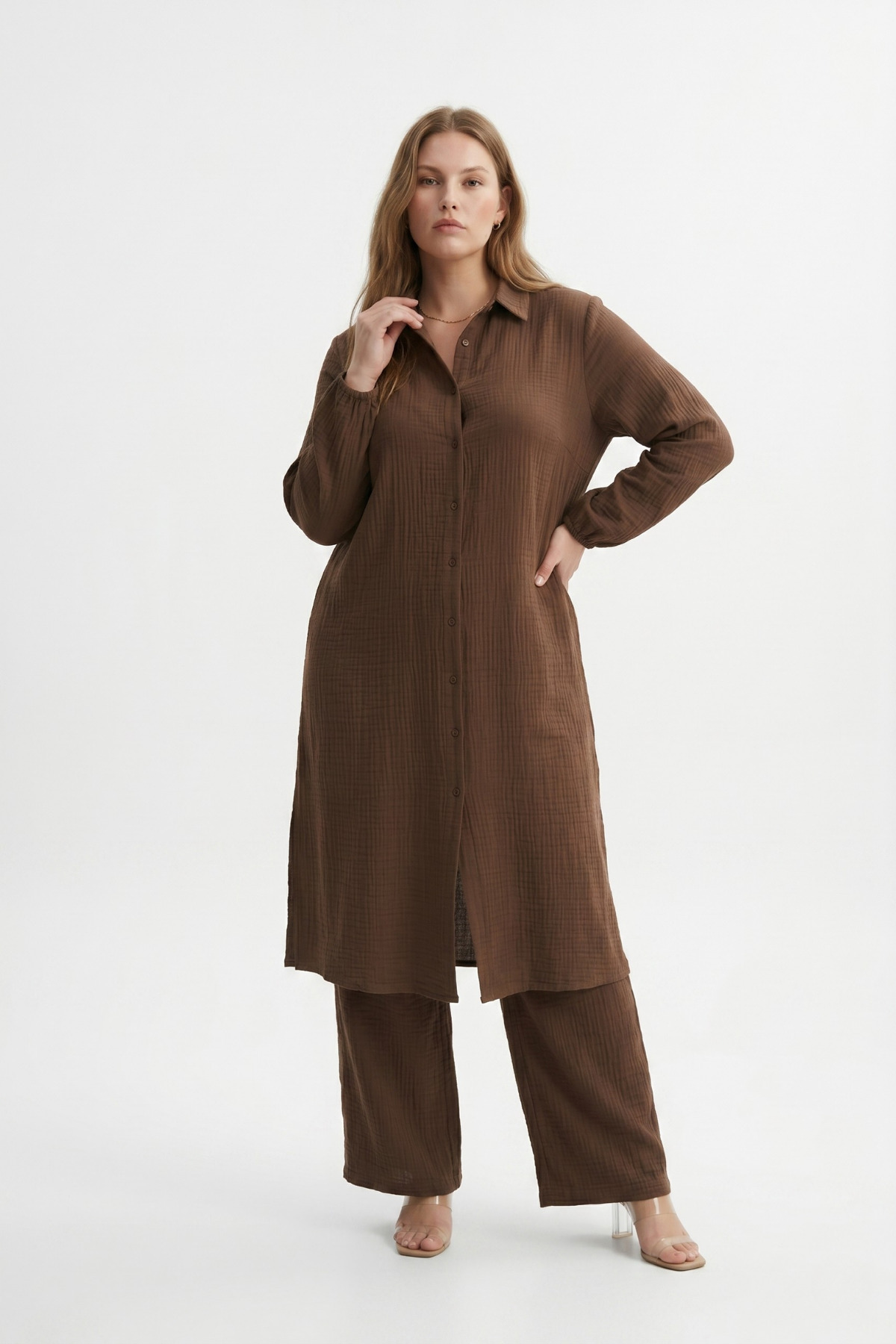 şuranur Bürümcük Gömlek Yaka Tunik Takım Düğmeli Tesettüre Uygun 2XL 6XL görsel 2