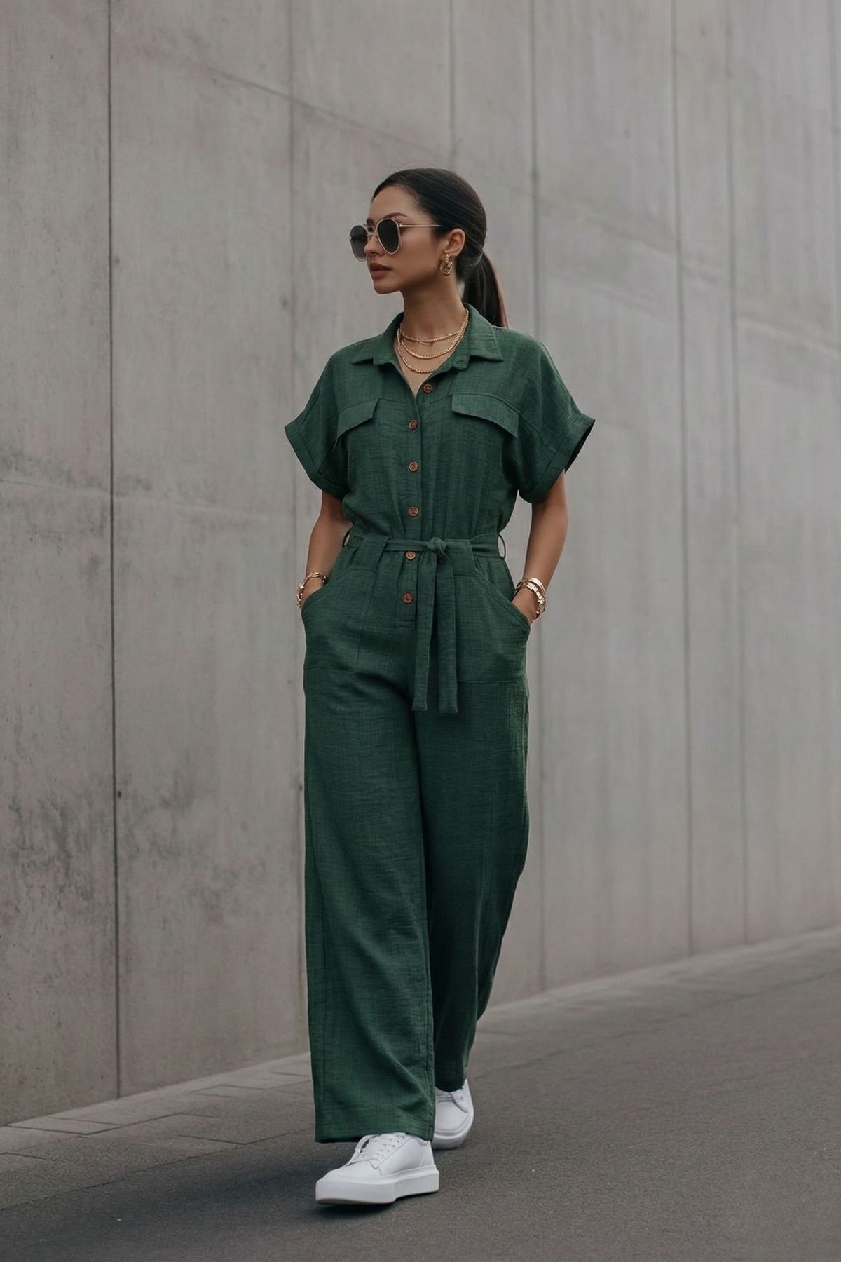 Women's Dark Green Buttoned Front Waist Belted Pocket Bat Sleeve Palazzo Romper ARM-24Y001105