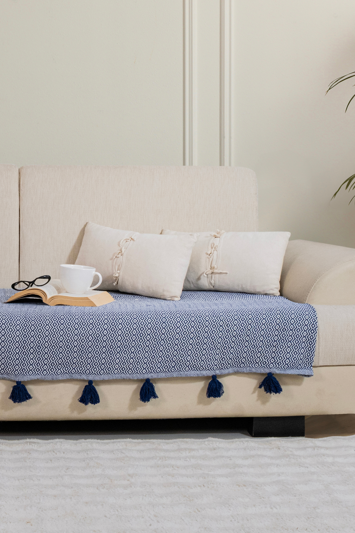 Navy Blue Sofa Cover with Lavi Pompom 115 x 200 cm Sofa Sofa Bed Sofa Cover with Fringe