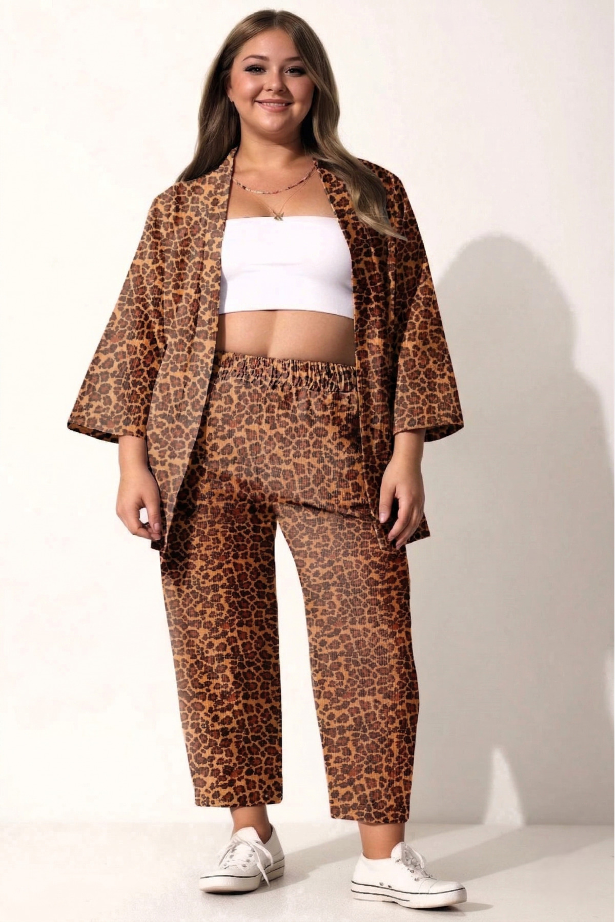 Plus Size Leopard Patterned Kimono Pants Knitted Suit