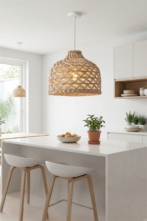 AFRALYAHOME Hasır Dekoratif Bahçe / Salon / Antre / Mutfak Avize 30cm - Ratta...