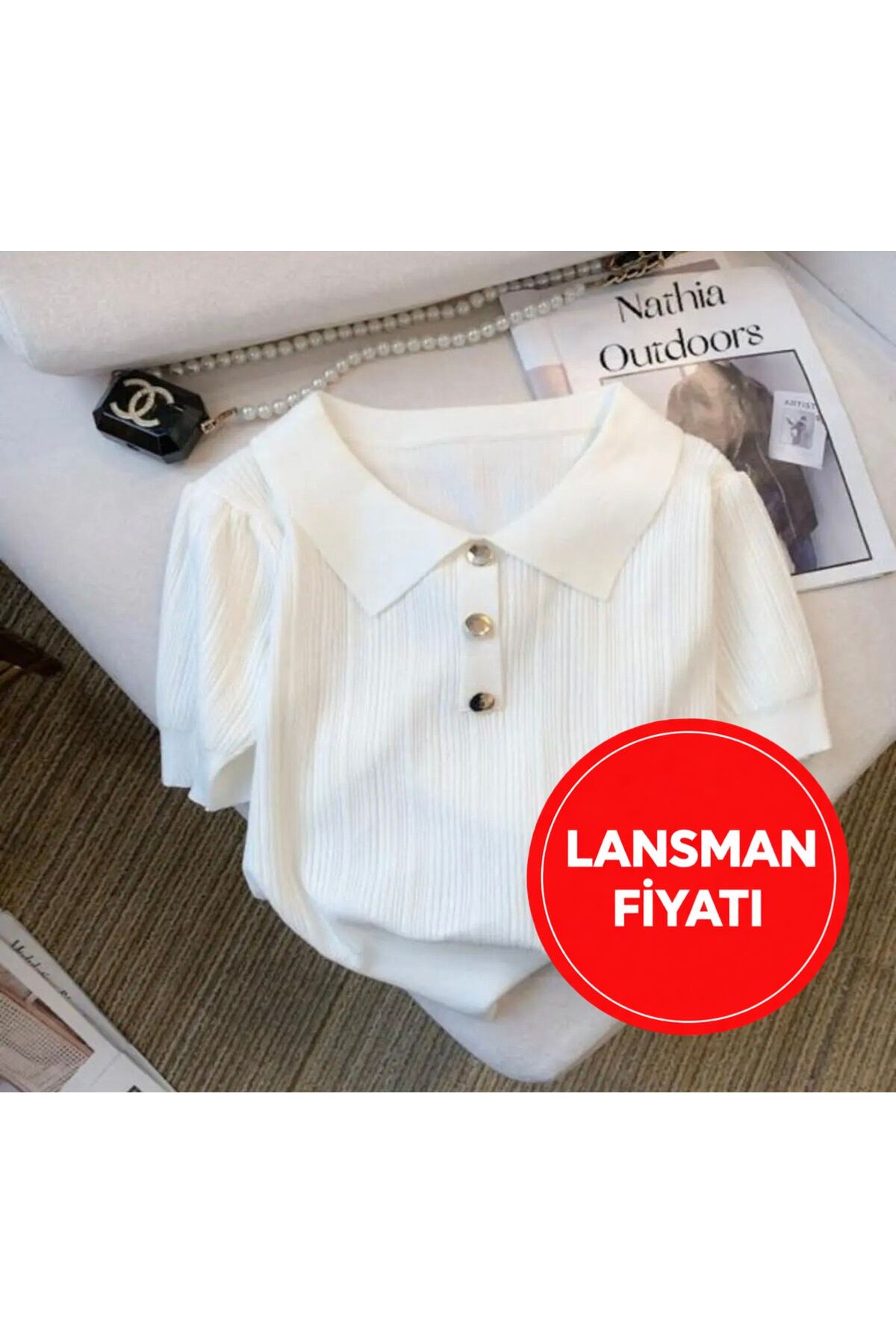 Nathia Outdoors Ekru Triko Örme Düğme Detaylı T-Shirt