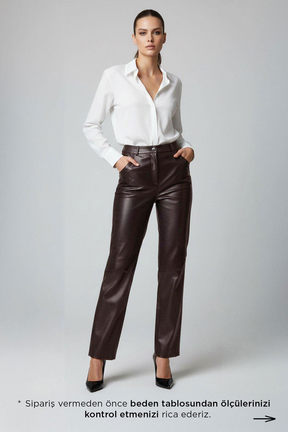 Brown Lora Women's Genuine Leather Trousers with Front and Back Pockets