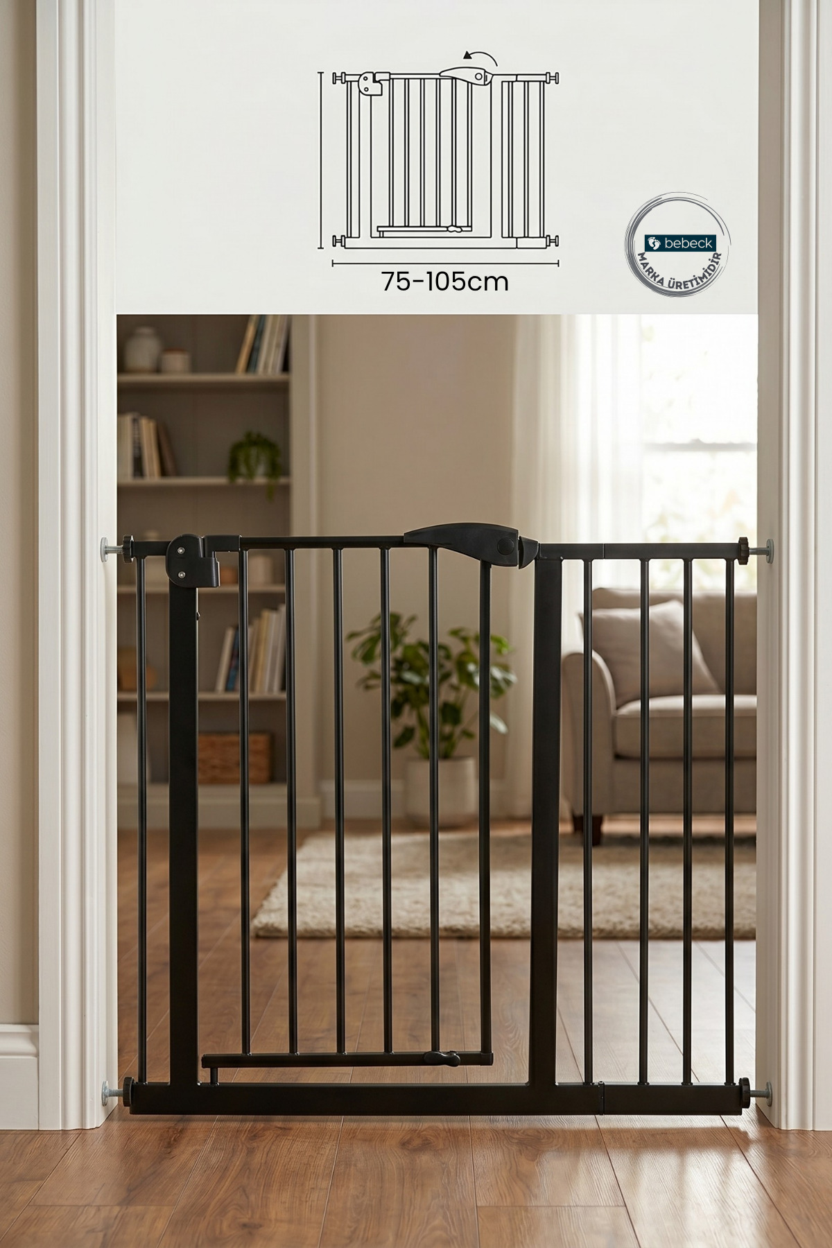 Safety Gate Adjustable Length 75 - 105cm Black New Double Locking Mechanism Auto-Closes