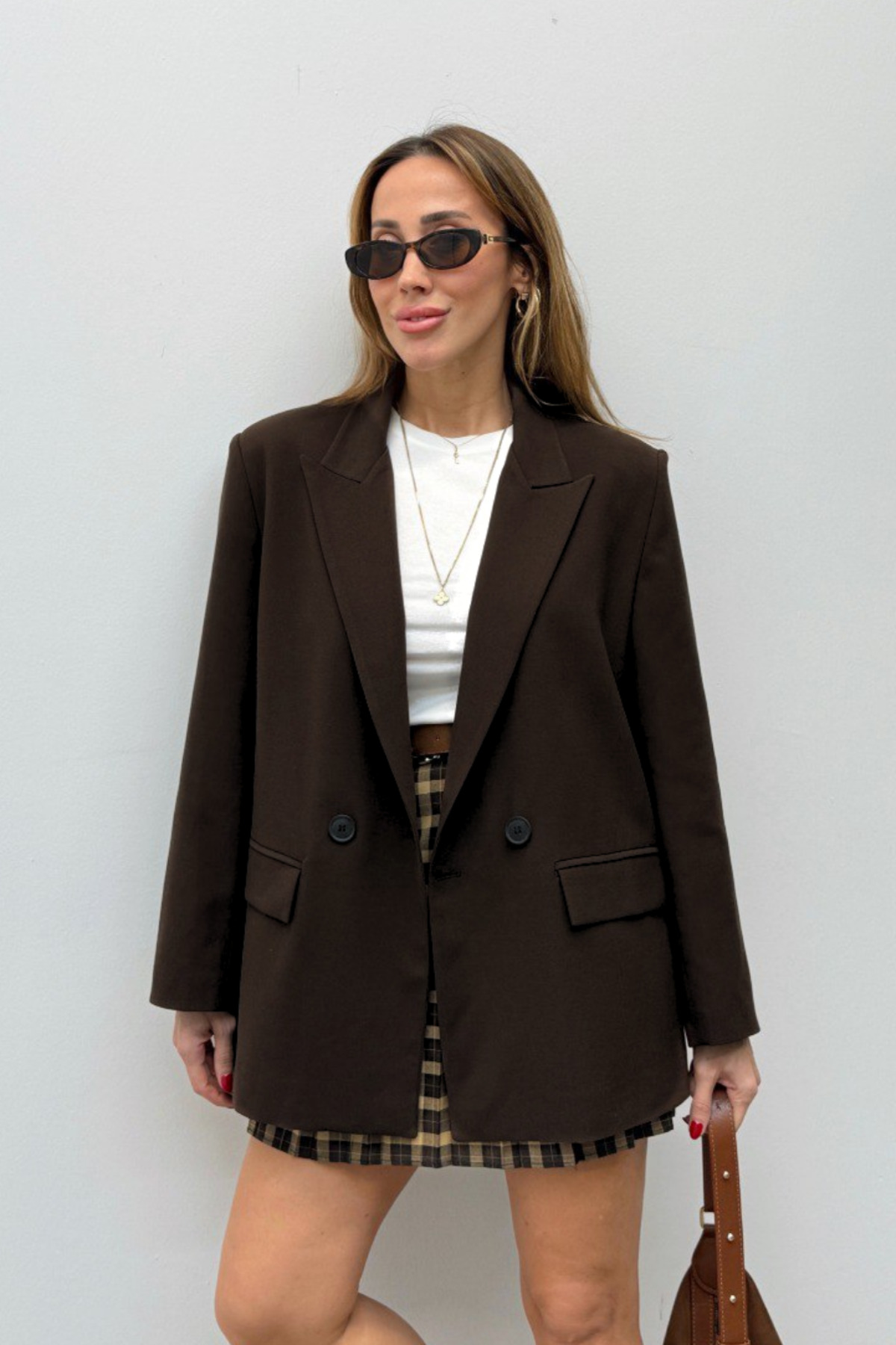 Women's Double Fabric Colorful Lining Brown Blazer Jacket