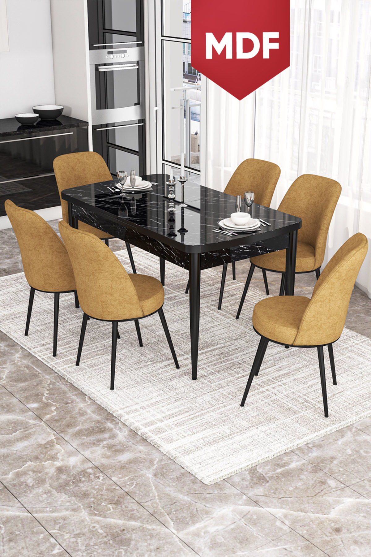 Kor Series 70x114 Retractable MDF Kitchen Table Set Black Marble Pattern Table 6 Cappuccino Chair