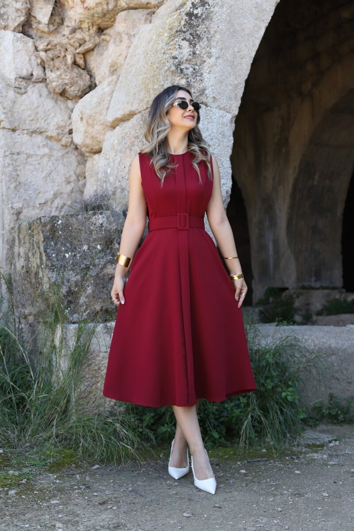 bytugcekaya  Bordo Aller Detay Kemerli Elbise