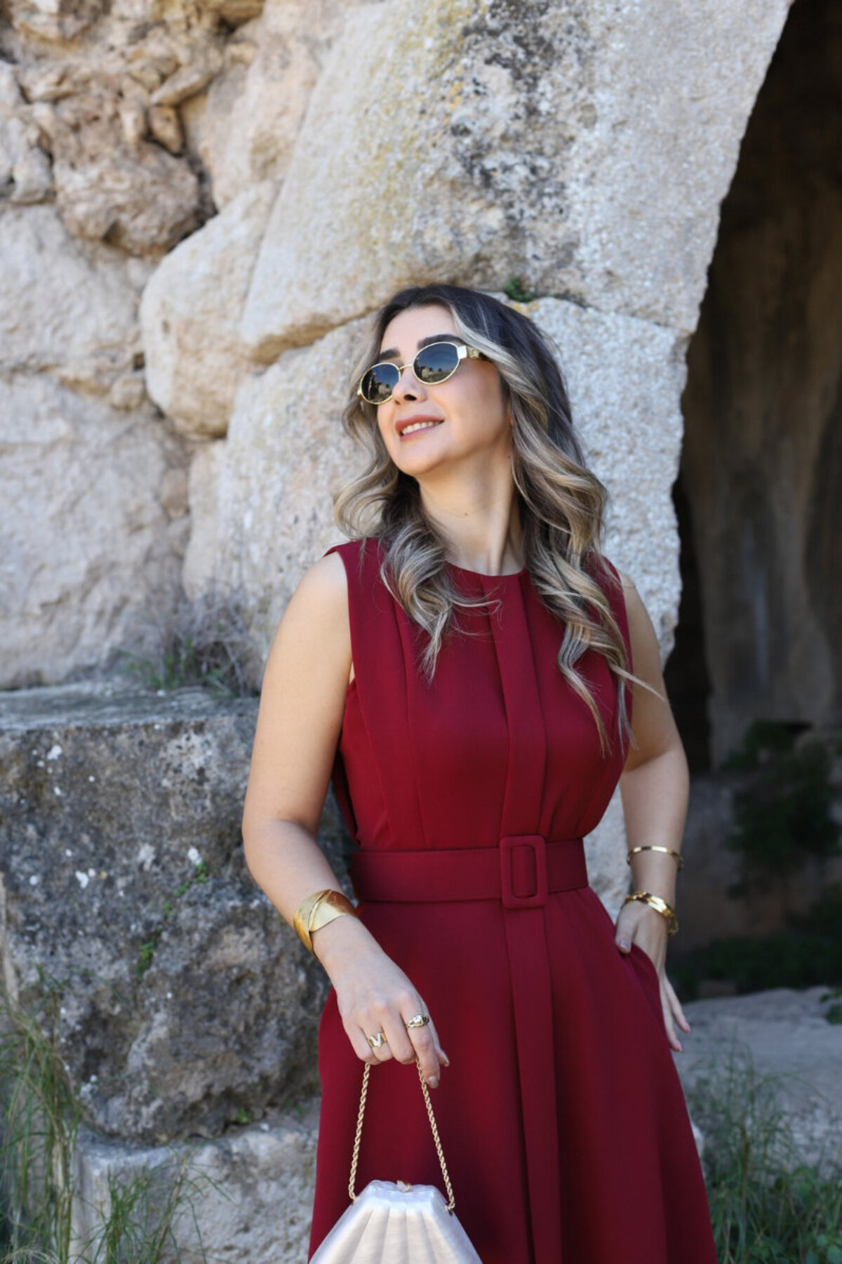 bytugcekaya  Bordo Aller Detay Kemerli Elbise - Görsel 2