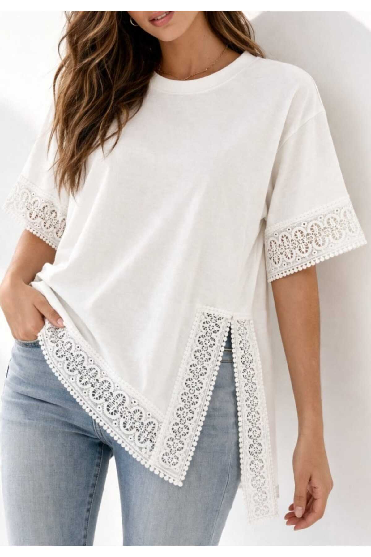 Benedetto  Yeni Sezon Kadın Bisiklet Yaka Modal Pamuk Dantel Detaylı Asimetrik Kesim Basic Kısa Kollu Tişört