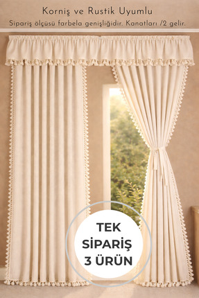 Perdeplus Püsküllü , Farbelalı Perde Takımı – 3’lü Set, Rustik & Korniş Uyumlu