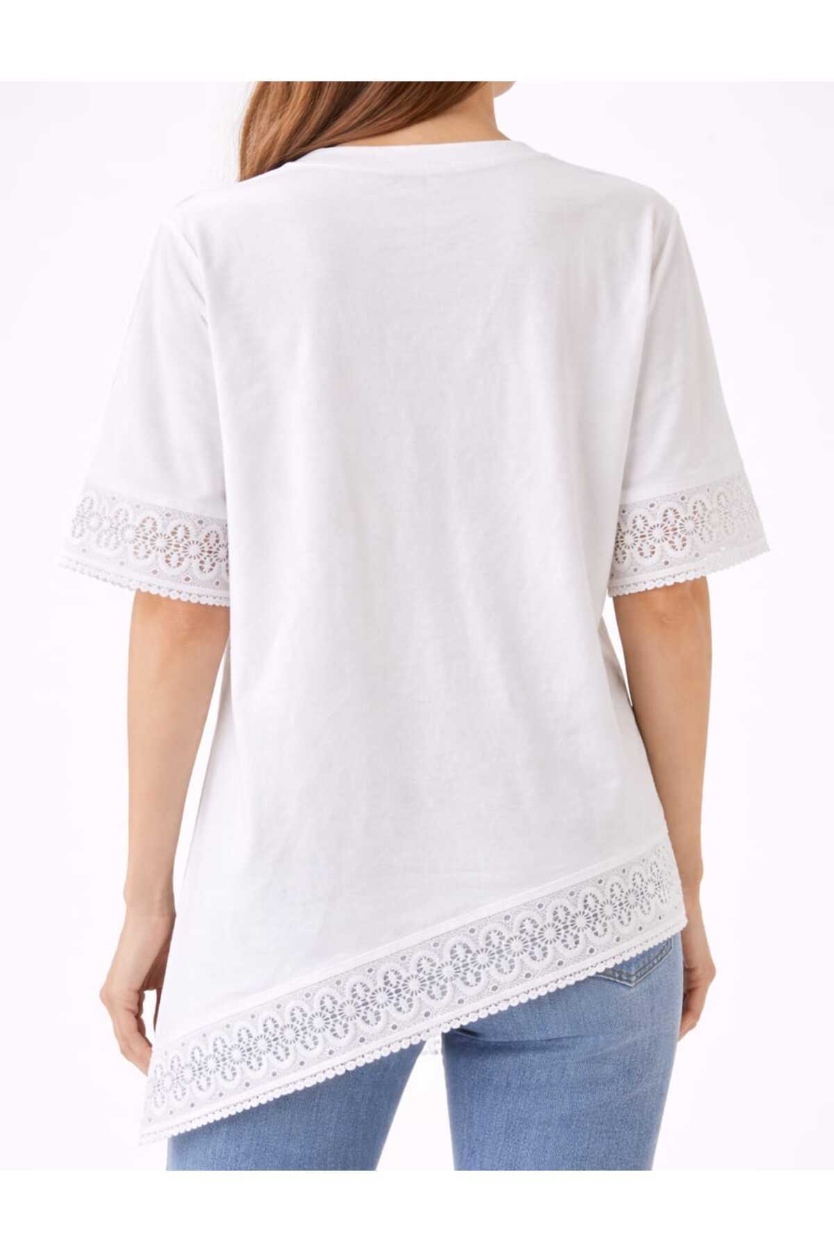 Benedetto  Yeni Sezon Kadın Bisiklet Yaka Modal Pamuk Dantel Detaylı Asimetrik Kesim Basic Kısa Kollu Tişört - Görsel 3