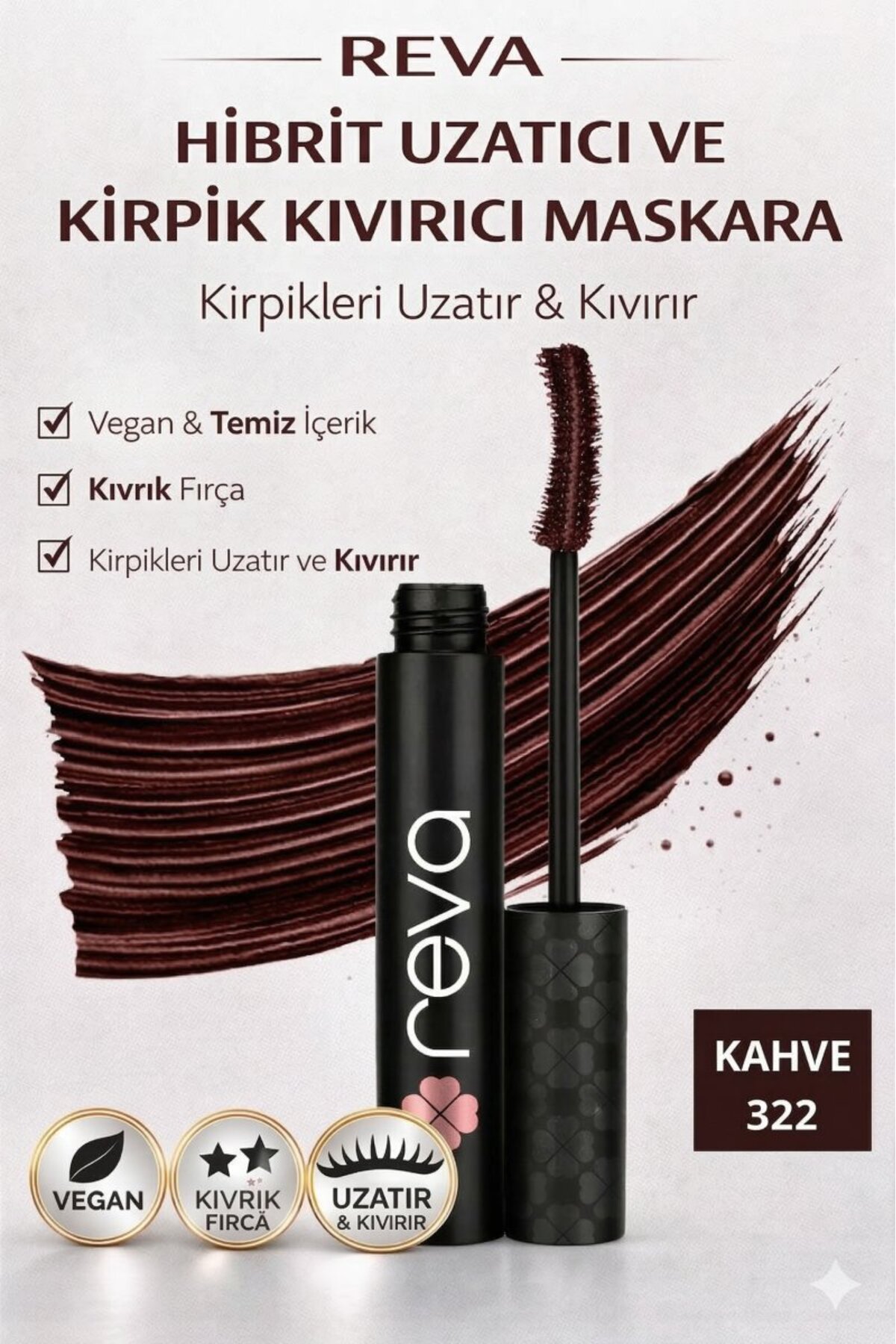 REVA Uzatan Hibrit Maskara - Hybrid Length & Curl Mascara Brown - No: 322 - Vegan Temiz Içerik