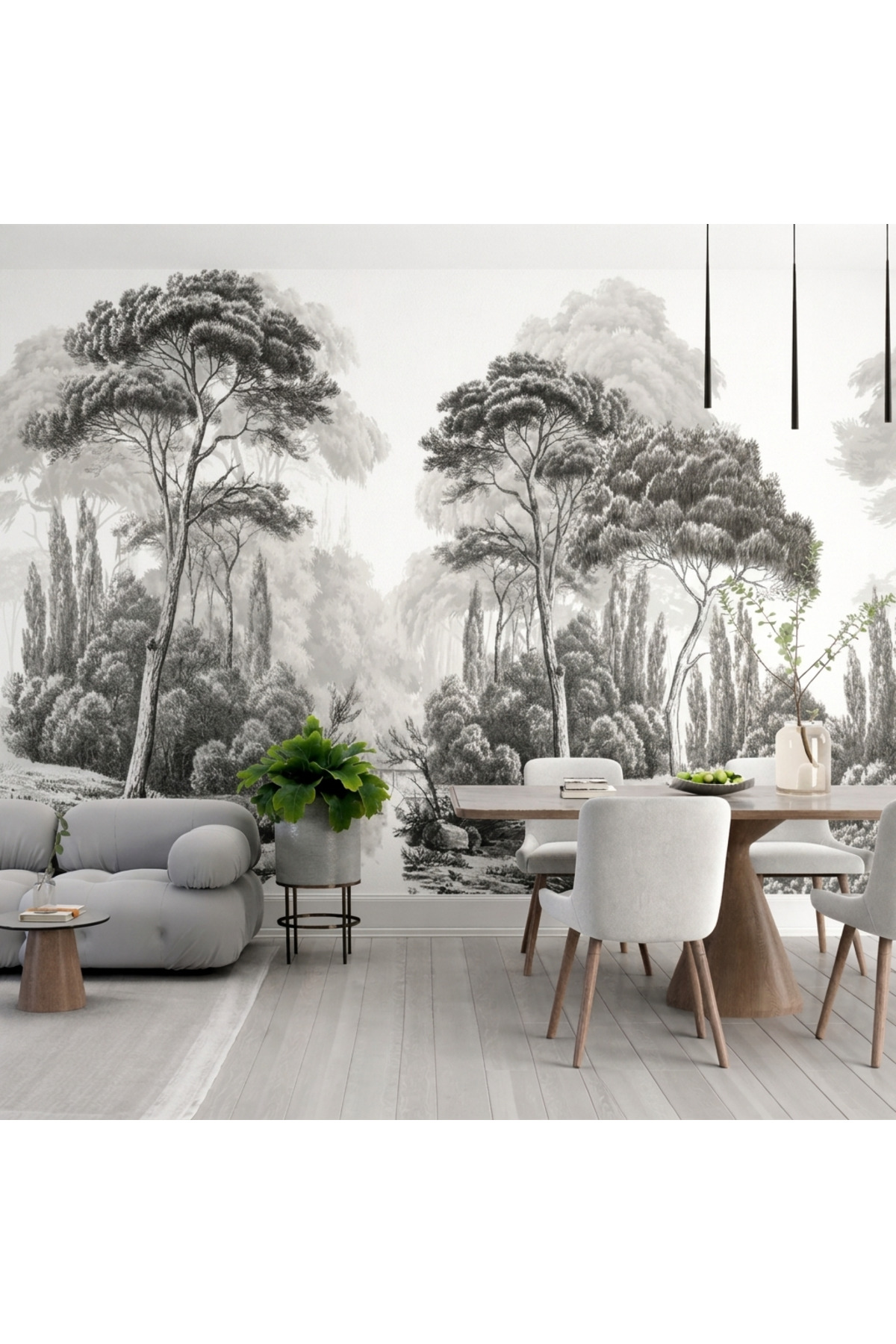 Vintage Black and White Forest View Wallpaper – For Classic European Landscape, Living Room and Living Room