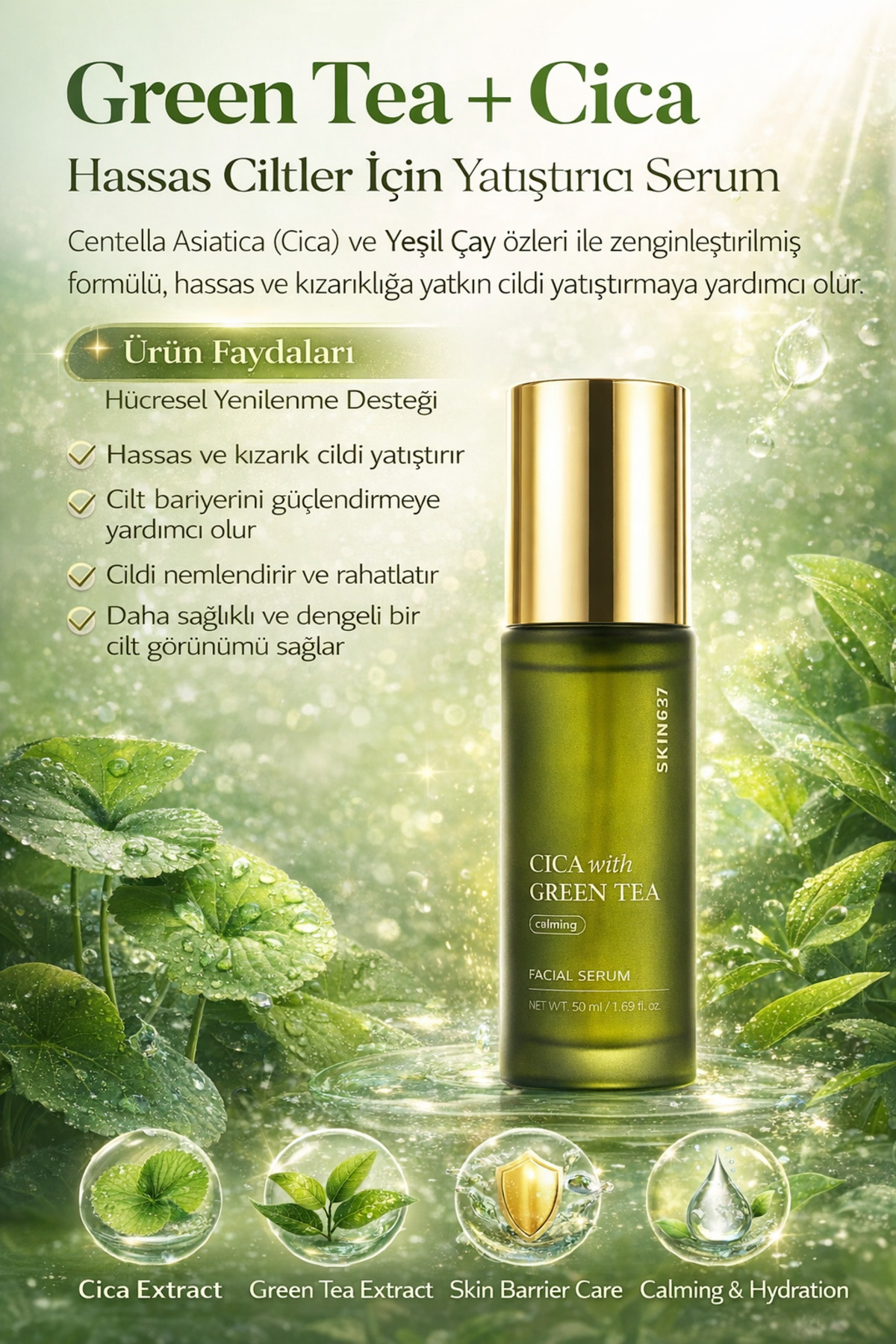 سیکا با چای سبز - سرم صورت تسکین دهنده و ضد قرمزی احیا کننده (50 میلی لیتر) — skincicaser — تصویر 5 از 8