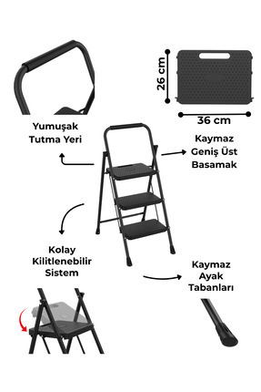 Asil 3 Basamaklı Taşıma Kulplu Katlanır Metal Merdiven | Güvenlik Kilitli, Ta...
